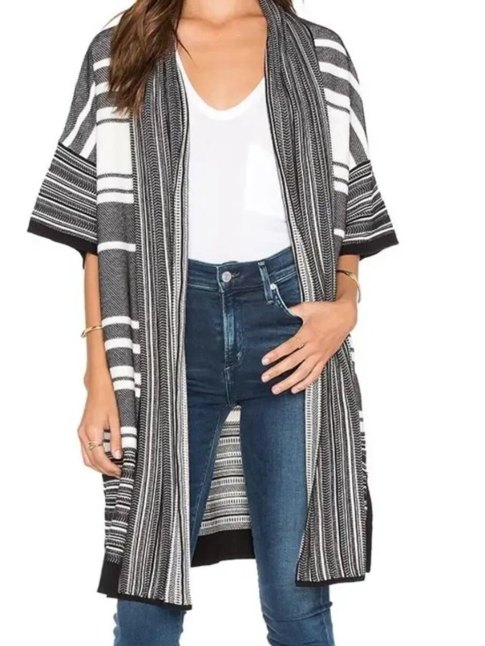 Vince 100% Cotton Black & White Striped Short Sleeve Open Front Cardigan